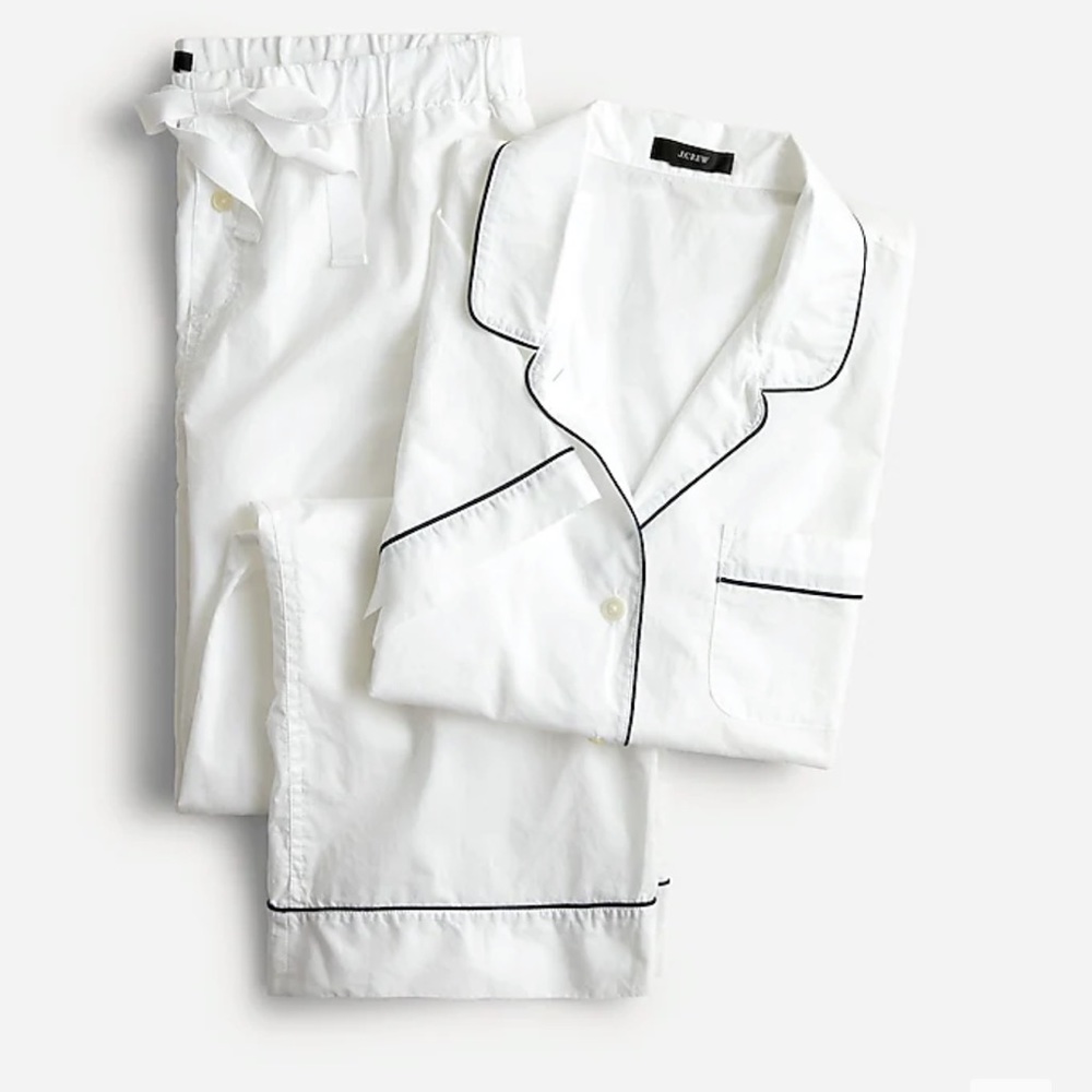 J.Crew White Long Sleeve Matching Pajama Set, Navy Blue Trim. Size Small.